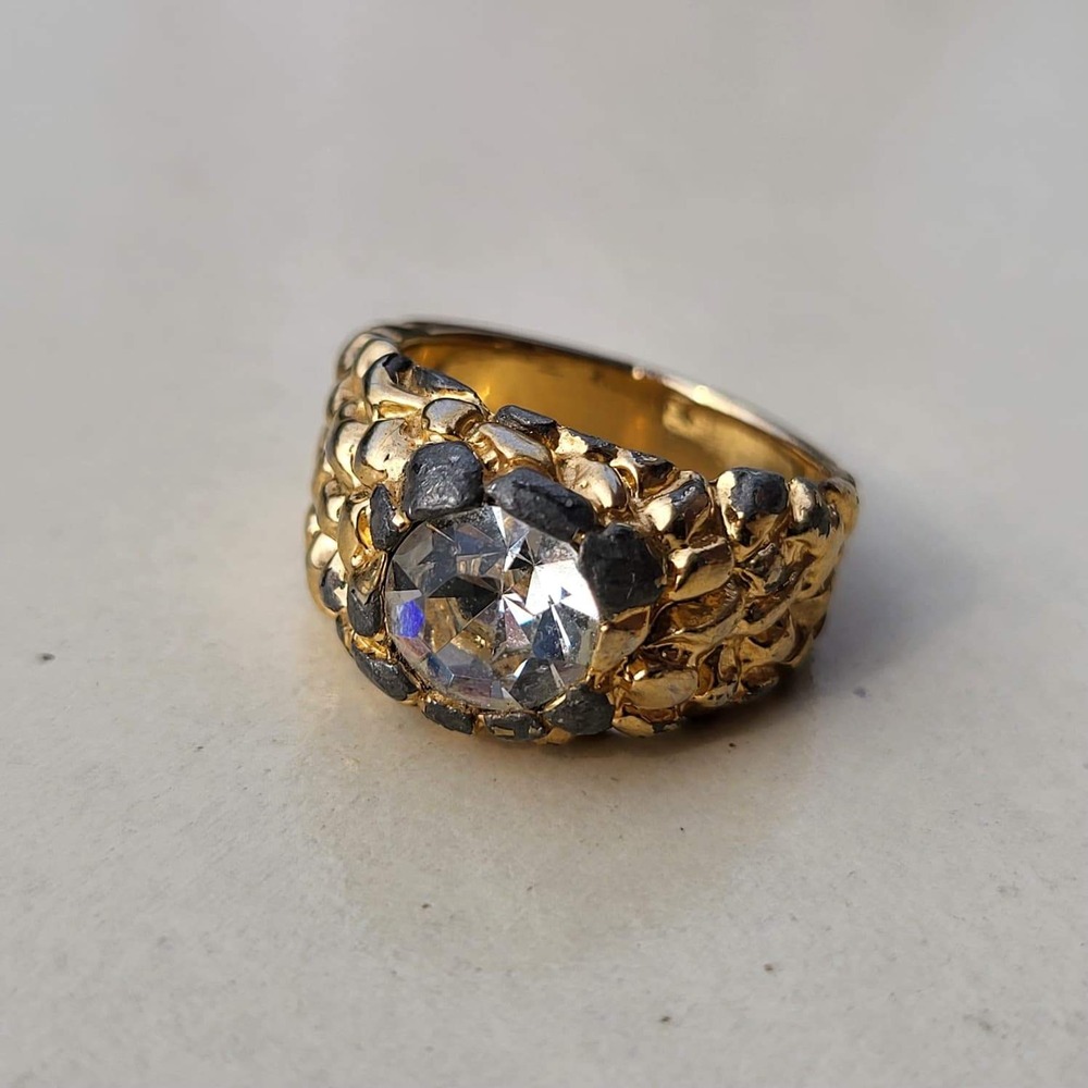 Vintage Gold Tone Nugget Ring S 9 Gold Grey Textured Brutalist Ring